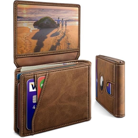 Men's Airtag Wallet with Cash Pocket 2 ID Window 13 Cards Slim Leather Wallet